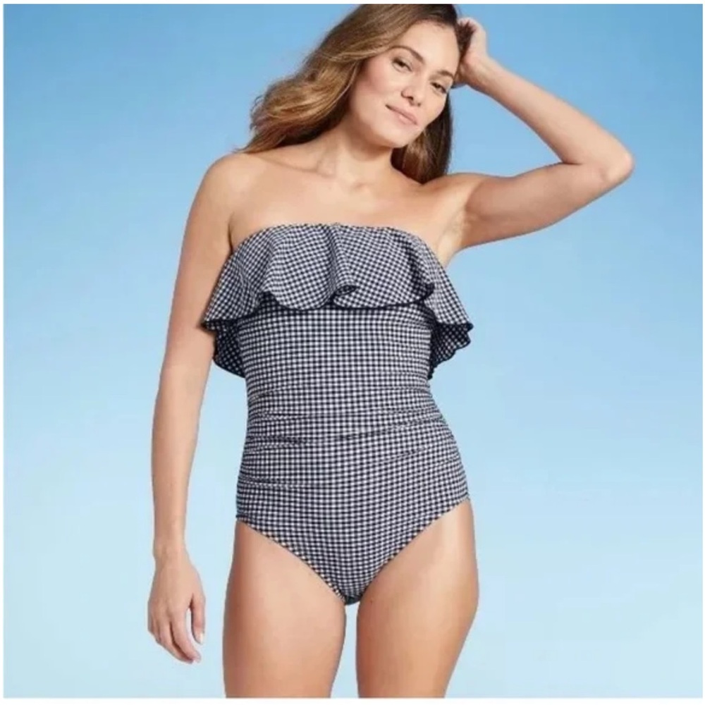 Kona Sol Ruffle Trim Gingham Print One Piece Bathing Suit